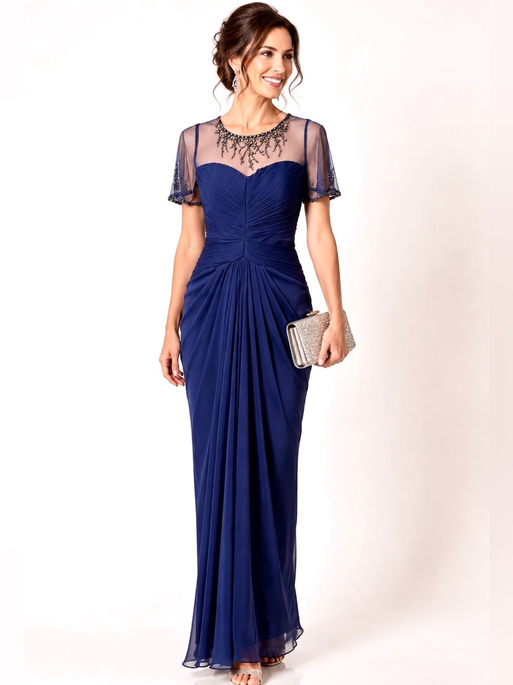 Adrianna Papell Lace Yoke sequins beaded jewelry Drape Gown Navy blue formal 8
